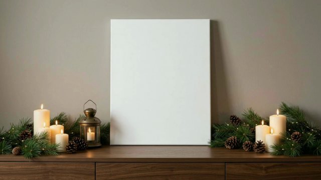 Christmas Canvas Video Mockup: Candlelit Sideboard with Pine video mockup