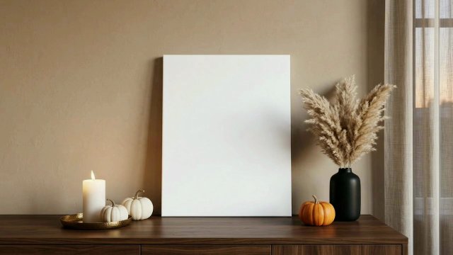 Autumn Canvas Video Mockup: Candlelit Sideboard with Pampas — video mockup