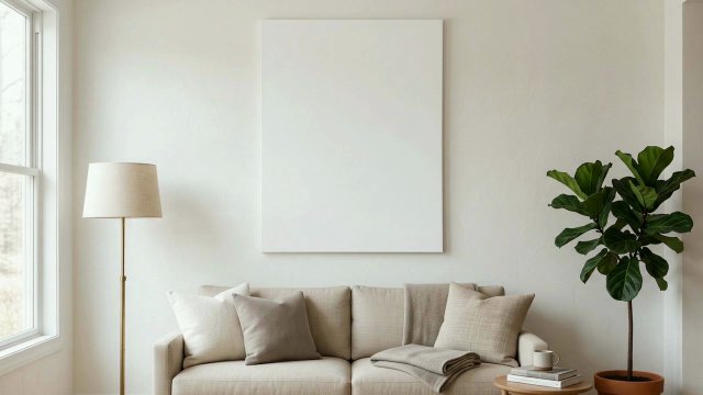 Canvas Print Video Mockup: Above a Linen Sofa — video mockup