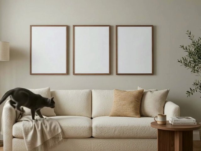 Gallery Wall Video Mockup: Three Frames Above a Sofa — video mockup