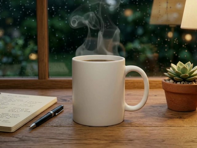 Mug Video Mockup on a Rainy Evening Desk — video mockup