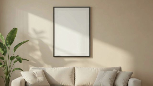 Black Frame Video Mockup with Mat Above a Sofa — video mockup