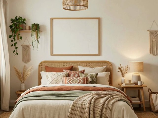 Landscape Frame Video Mockup in a Boho Bedroom — video mockup