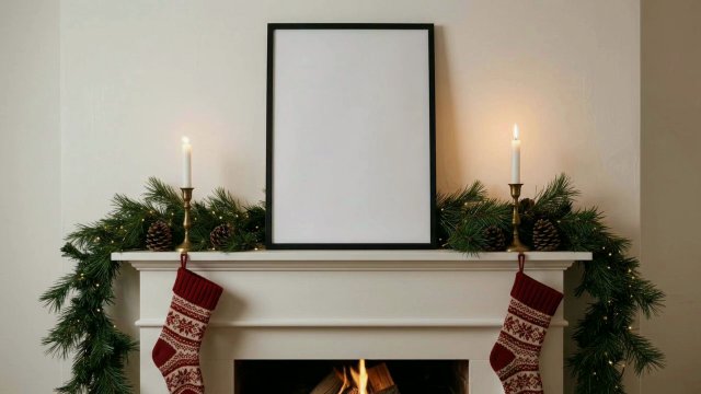 Christmas Frame Video Mockup: Black Frame on a Fireplace Mantel video mockup