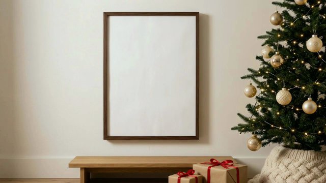 Christmas Frame Video Mockup: Walnut Frame by the Christmas Tree video mockup