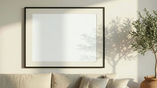 Landscape Frame Video Mockup: Black Frame with Mat Above a Linen Sofa video mockup