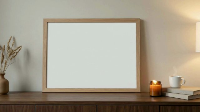 Landscape Frame Video Mockup: Oak Frame on a Sideboard with Candle and Tea video mockup