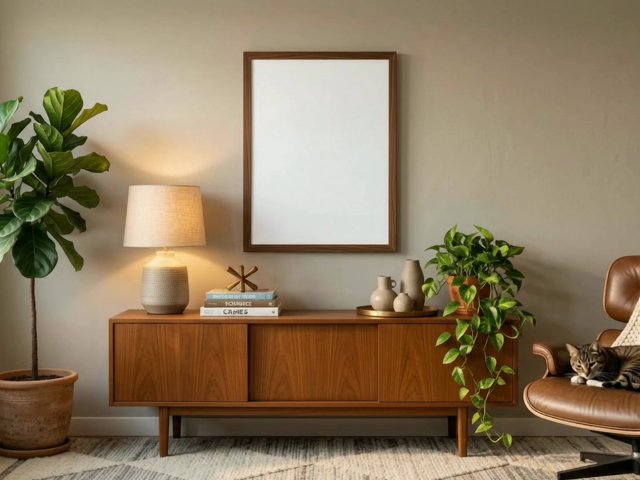 Walnut Frame Video Mockup in a Mid-Century Room — video mockup