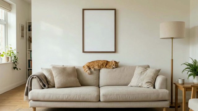 Walnut Frame Video Mockup with a Sleepy Cat — video mockup