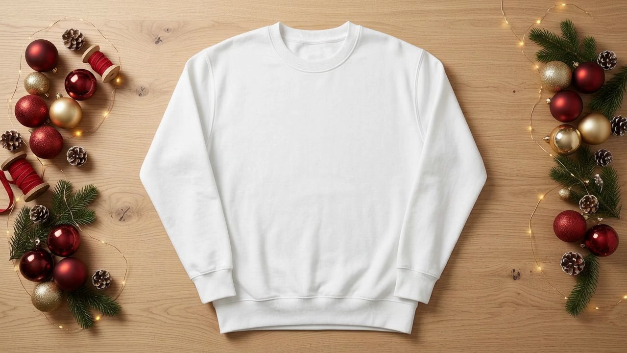Christmas Sweatshirt Video Mockup: Flat Lay with Baubles and Fairy Lights video mockup