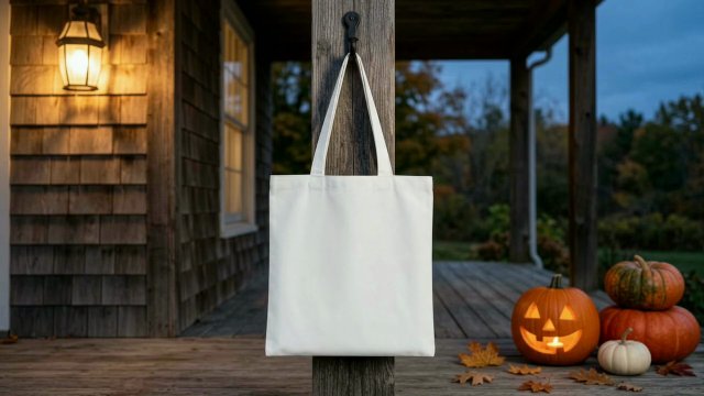 Halloween Tote Bag Video Mockup: Porch with a Jack-o'-Lantern — video mockup