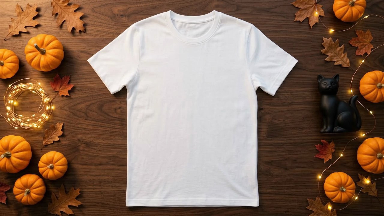 Halloween T-Shirt Video Mockup: Flat Lay with Fairy Lights — video mockup