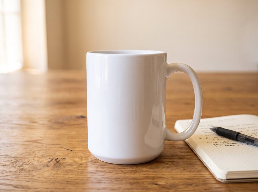 A blank white mug on a wooden table