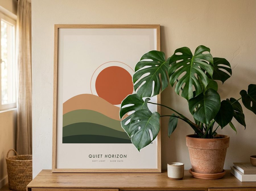 The same photo as a mockup: a design in the frame, the plant still in front of it