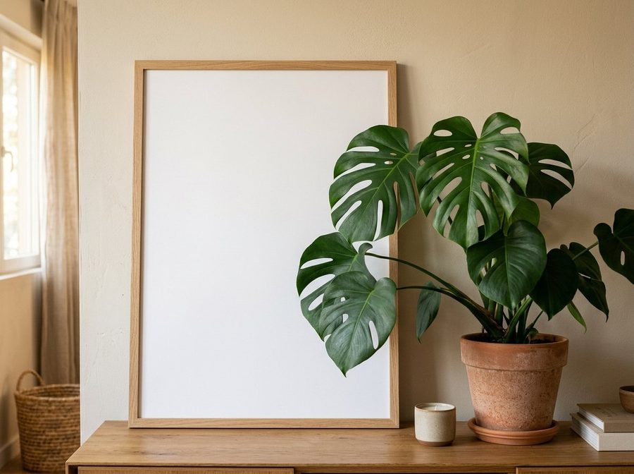 A blank poster frame on a sideboard, partly behind a plant