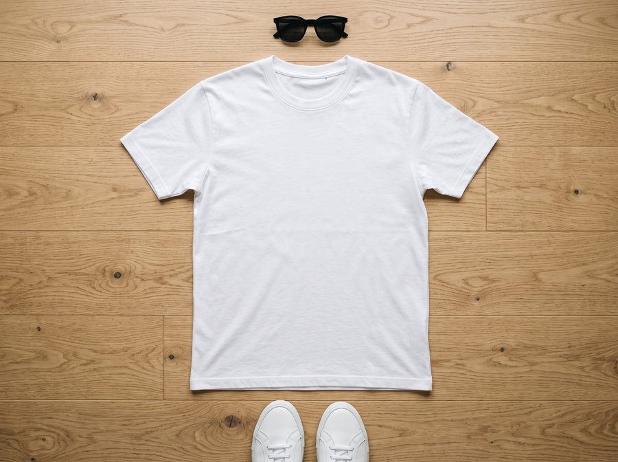 A blank white T-shirt on a wooden floor