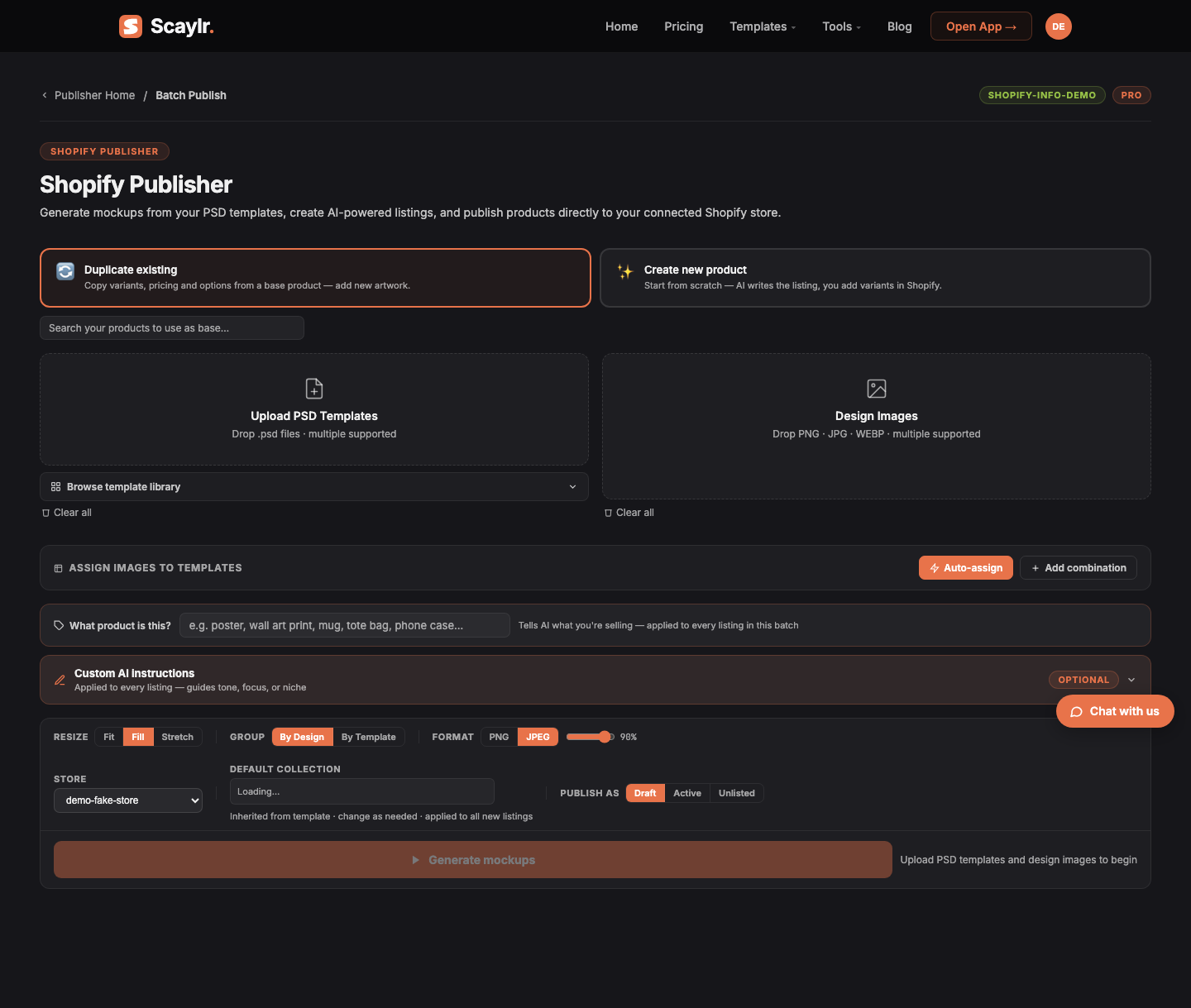 Shopify Publisher batch mode: upload PSD templates and design images, then AI writes the listing for review before pushing to Shopify