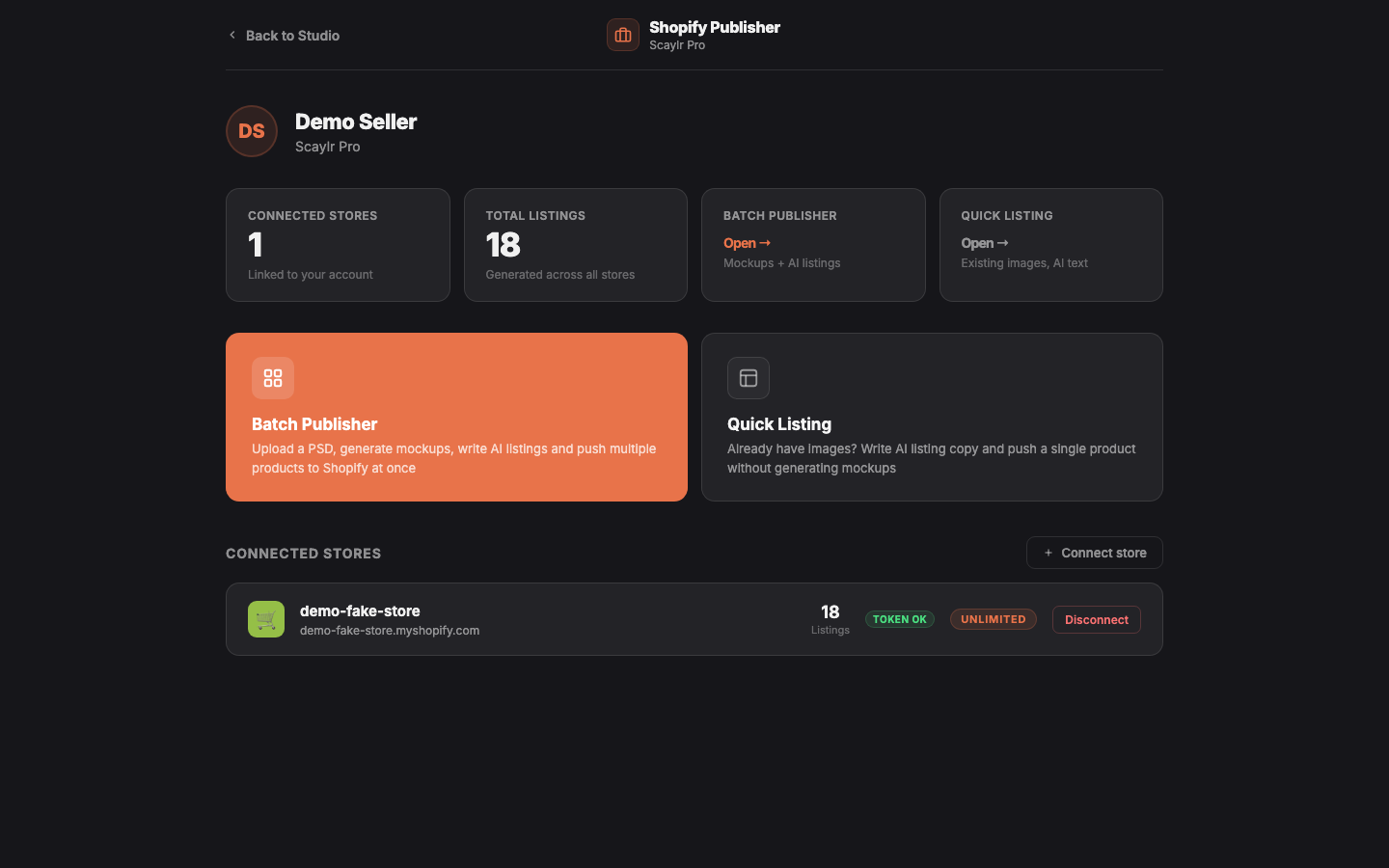 Shopify Publisher dashboard showing connected Shopify stores and listing counts