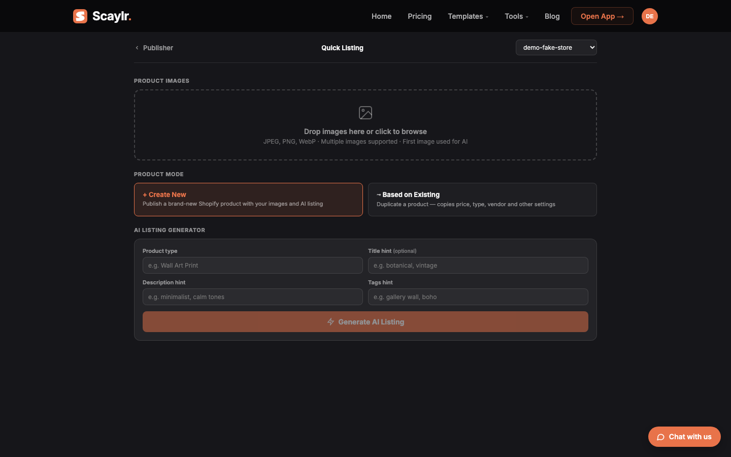 Shopify Quick Listing: upload existing product photos and let AI write the listing for a single product